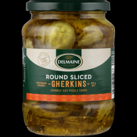 Delmaine Round Sliced Gherkins in a 670g jar, perfect for burgers, sandwiches, and party platters, with a sweet and sour flavor.