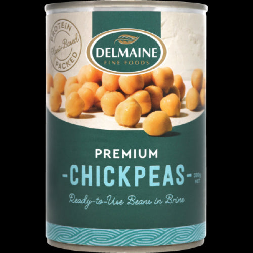 Delmaine Premium Chickpeas in a 390g can, versatile and nutritious, perfect for hummus, soups, salads, and meat alternatives.