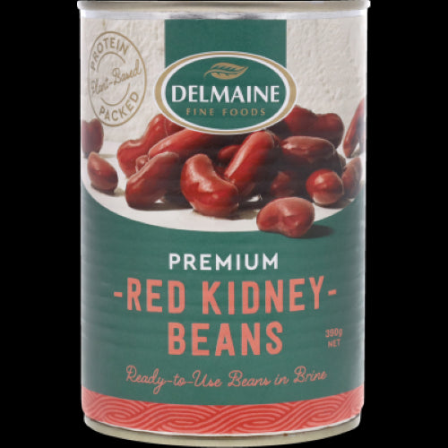 A can of Delmaine Premium Red Kidney Beans 390g, perfect for quick, nutritious meals and traditional Mexican dishes.