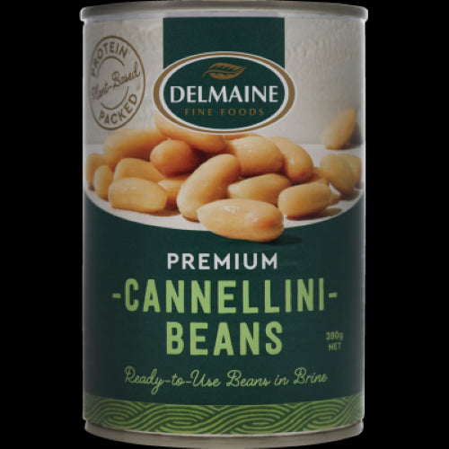 Delmaine Premium Cannellini Beans in a 390g can, rich in protein, perfect for soups, salads, and casseroles.