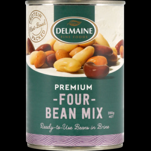 Delmaine Premium Four Bean Mix 390g featuring butter, red kidney, cannellini, and borlotti beans for nutritious meals.