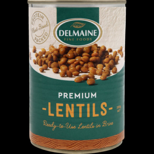 Delmaine Premium Lentils In Brine 390g, nutritious and versatile for soups, salads, and vegetarian dishes.