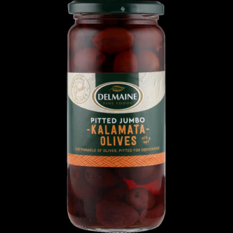 Delmaine Pitted Jumbo Kalamata Olives in a jar, showcasing dark purple olives, perfect for salads and Mediterranean dishes.