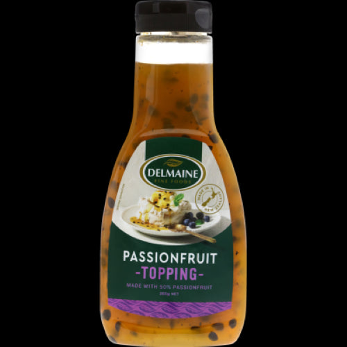 Delmaine Passionfruit Topping 360g, a thick syrup made from real passionfruit pulp, perfect for desserts and breakfast treats.