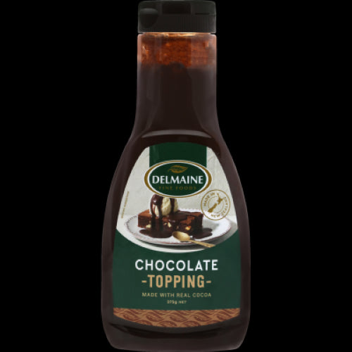 Delmaine Chocolate Topping 375g: rich fudge-style chocolate sauce perfect for desserts, pancakes, and as a fruit dip.