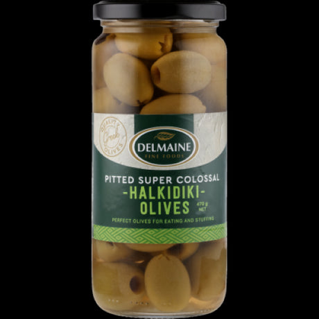 Delmaine Pitted Super Colossal Halkidiki Olives in a 485g jar, large green olives perfect for stuffing and enhancing dishes.