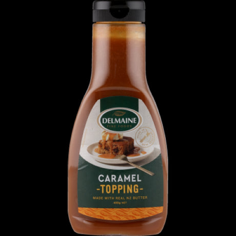 Delmaine Caramel Topping 400g, a rich butter caramel sauce perfect for desserts, pancakes, and fresh fruits.