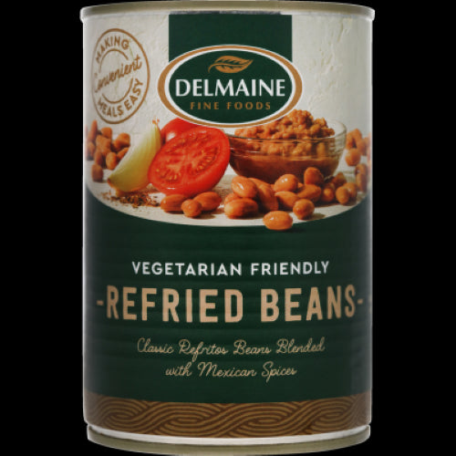 Delmaine Refried Beans 420g, a thick, flavorful bean paste perfect for Mexican dishes like burritos and nachos.