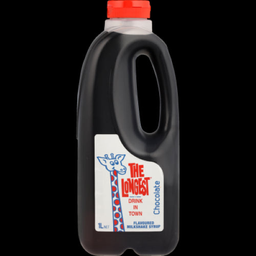 Rich chocolate syrup in a 1L bottle for making creamy milkshakes and enhancing desserts, 100% NZ owned.
