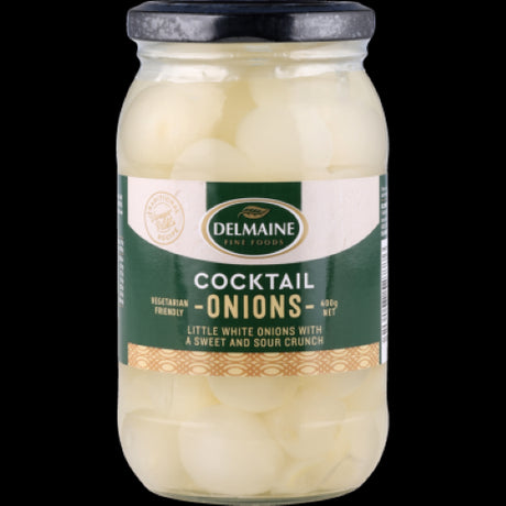 Delmaine Cocktail Onions 400g, pickled silverskin onions perfect for garnishing cocktails, sandwiches, and gourmet dishes.