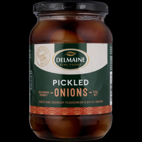 Delmaine Pickled Onions 520g, large marinated onions in sweet and sour sauce, ideal for snacks and gourmet dishes.