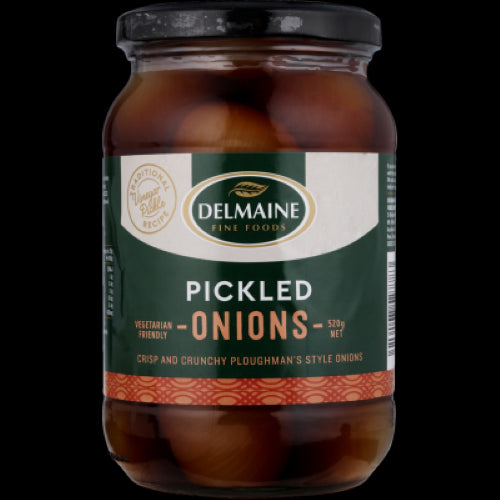 Delmaine Pickled Onions 520g, large marinated onions in sweet and sour sauce, ideal for snacks and gourmet dishes.