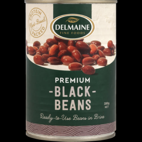 Delmaine Premium Black Beans 390g, a versatile, protein-rich pantry staple, ideal for soups, salads, and Mexican dishes.