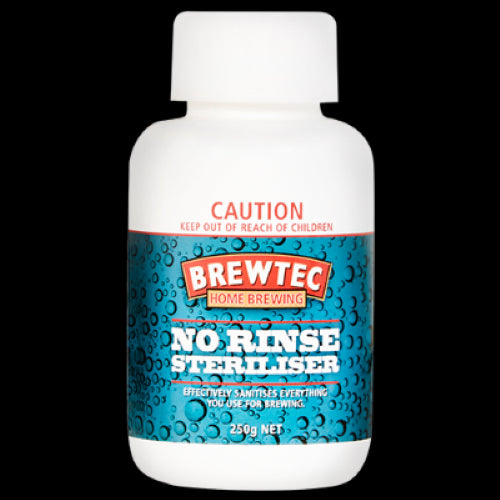 Brewtec Sterilising Powder 250g ensures clean brewing tools, effectively sanitizing glass, plastic, and metal surfaces.