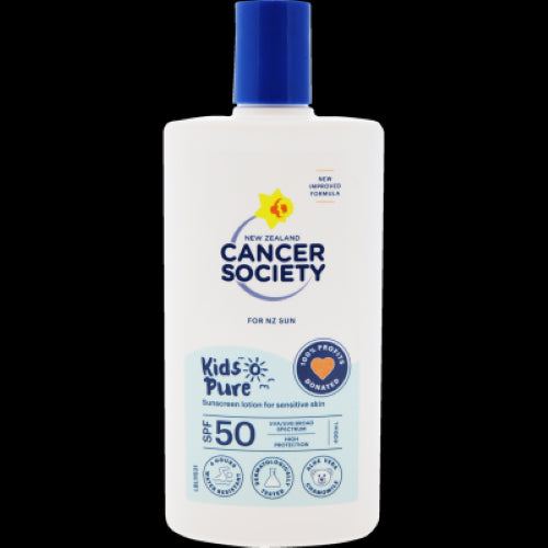 Cancer Society Kids Pure SPF50 sun lotion in a 400ml bottle, gentle for sensitive skin, UVA/UVB protection, paraben-free.