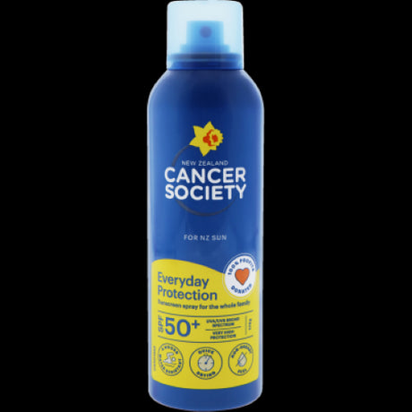 Cancer Society Everyday Protection SPF50+ Sunscreen Spray 175g for family use, water-resistant, quick-drying, and ethical choice.