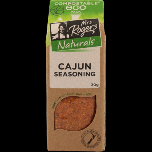 Alt text: Mrs Rogers Naturals Eco Cajun Seasoning 30g, a vibrant all-natural blend for enhancing seafood, meats, and dishes.