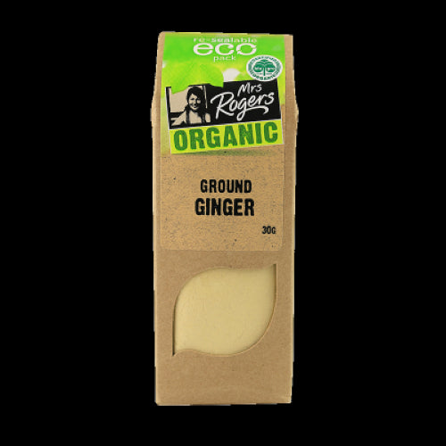 Mrs Rogers Organic Eco Ground Ginger 30g package with rich flavor, ideal for enhancing sweet and savory dishes.