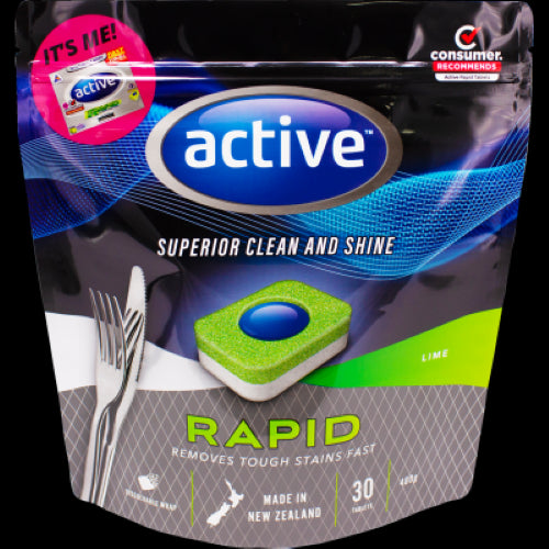 Active Rapid Lime & Baking Soda Dishwash Tablets in a 30-pack, eco-friendly and phosphate-free for spotless, gleaming dishes.