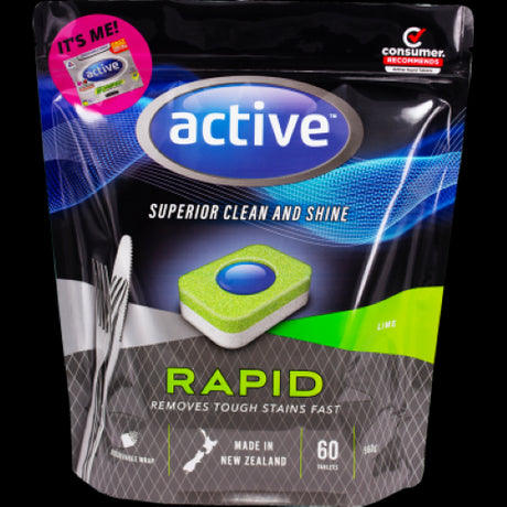 Active Rapid Lime & Baking Soda Dishwash Tablets (60pk) for a sparkling clean, eco-friendly, phosphate-free dishwashing solution.