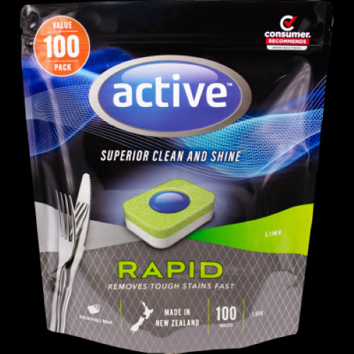 Active Rapid Lime & Baking Soda Dishwash Tablets in a 100-pack for eco-friendly, effective dish cleaning with superior shine.