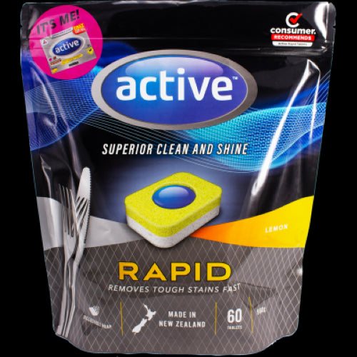 Active Rapid Lemon Dishwash Tablets 60pk for powerful, eco-friendly cleaning with a refreshing lemon scent, safe for all dishwashers.