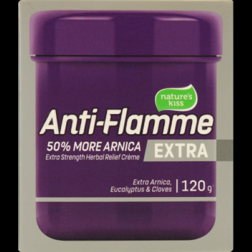 Nature's Kiss Anti-Flamme Extra is a 120g herbal relief creme with 50% more arnica, designed for muscle and joint pain relief.