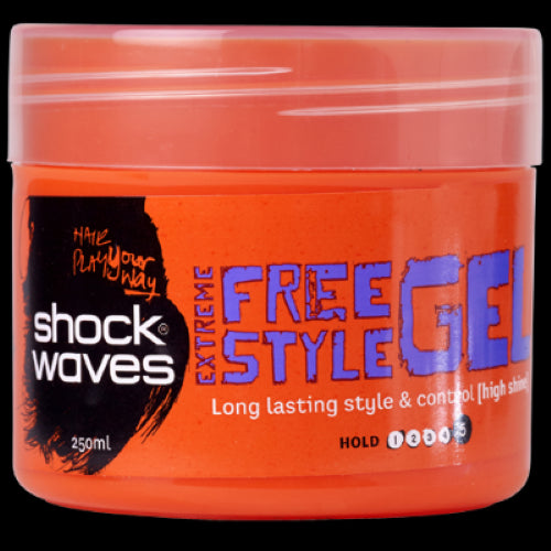 Shockwaves Extreme Free Style Hair Gel 250ml for maximum hold, flexibility, and high shine, perfect for all hair types.