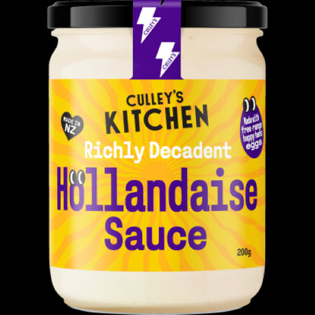 Creamy Culley's Hollandaise Sauce in a 200g jar, perfect for drizzling on eggs, veggies, and seafood. Vegan-friendly and gluten-free.