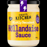 Culley's Hollandaise Sauce in a 200g jar, perfect for a creamy, buttery enhancement to eggs, seafood, and vegetables.