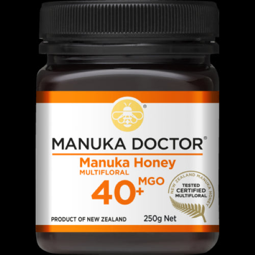 Manuka Doctor Multifloral Honey 40+ MGO 250g jar featuring rich, antibacterial honey from New Zealand for wellness and flavor.