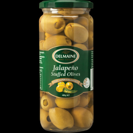 Delmaine Jalapeno Stuffed Olives 480g featuring green olives with zesty jalapeno strips for gourmet snacks and cocktails.