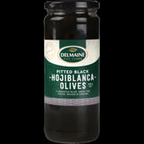 Delmaine Pitted Black Hojblanca Olives in a 450g jar, showcasing firm, mild-flavored black olives ready for Mediterranean recipes.