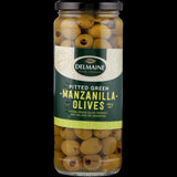 Delmaine Pitted Green Manzanilla Olives in a 450g jar, offering a sharp flavor and firm texture, perfect for salads and stuffing.