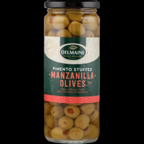 Delmaine Pimento Stuffed Manzanilla Olives jar, 450g, featuring premium olives hand-stuffed with vibrant pimento.