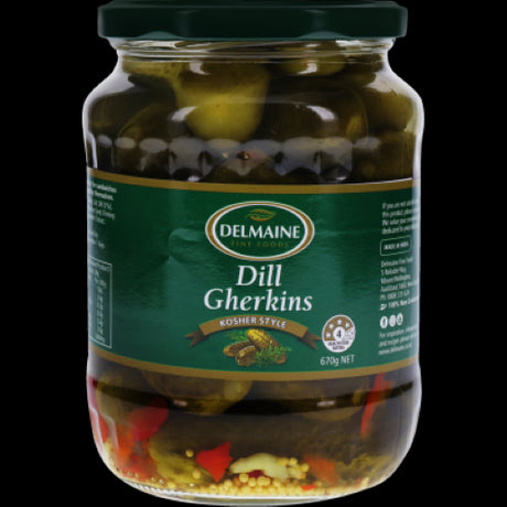 Delmaine Dill Gherkins 670g – Crisp, dill-infused gherkins, perfect for burgers, relishes, and salads.