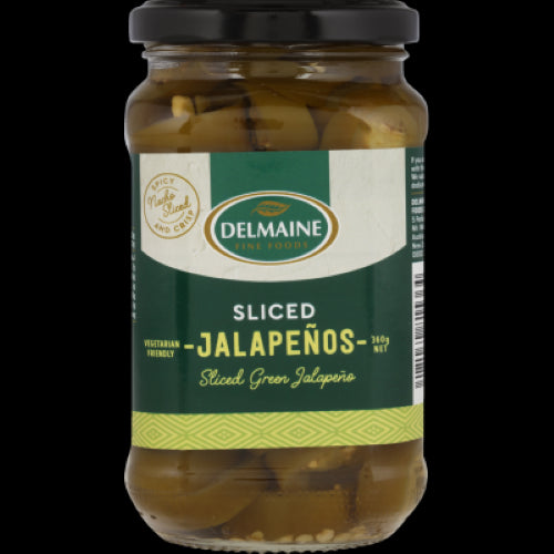 Delmaine Sliced Green Jalapenos in a 360g jar, perfect for adding flavor and heat to various dishes like salsas and pizza.