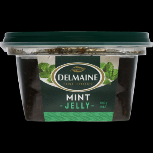 Delmaine Mint Jelly 190g, a thick, artisan New Zealand condiment ideal for lamb, sandwiches, and gourmet dishes.