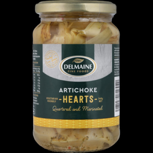 Delmaine Quartered & Marinated Artichoke Hearts in a 340g jar, perfect for adding flavor to salads, pizzas, and appetizers.