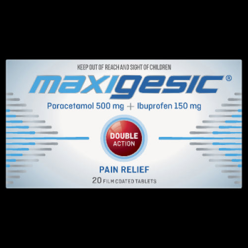 Maxigesic Double Action Pain Relief Tablets pack of 20, combining paracetamol and ibuprofen for fast and effective pain relief.