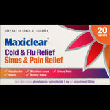 Maxiclear Cold Flu Sinus Pain Relief Tablets in a 20-pack for effective relief from cold, flu, and allergy symptoms.