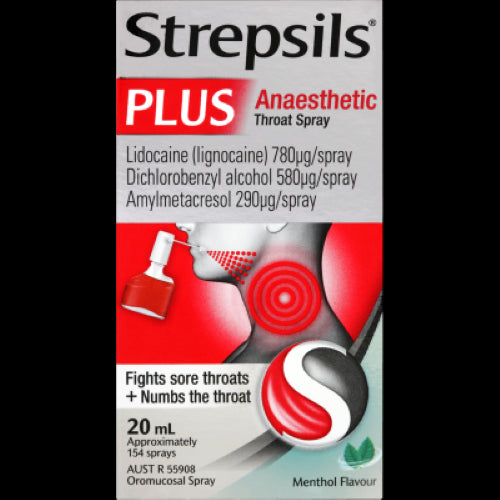 Strepsils Plus Anaesthetic Throat Spray 20ml, for rapid relief from sore throat and cold symptoms with a targeted spray action.