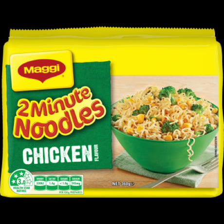 Maggi 2-Minute Chicken Noodles multipack with 5 individual 72g servings for quick, savory meals in just 2 minutes.