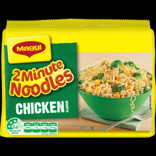 Maggi 2-Minute Chicken Noodles multipack with 5 x 72g servings for quick, flavorful meals in just 2 minutes.