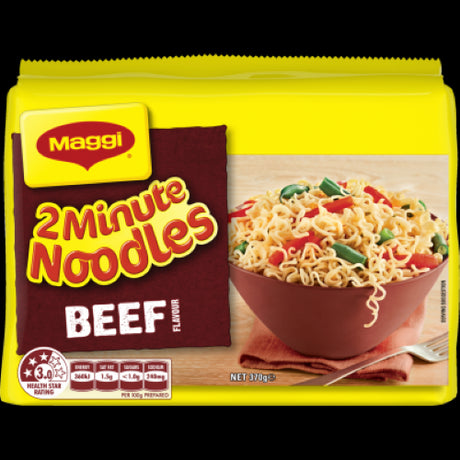 Maggi 2-Minute Beef Noodles multipack with 5 individually wrapped noodle cakes for quick, flavorful meals anytime.