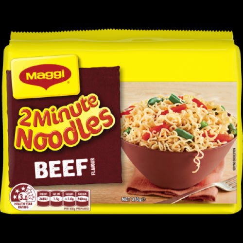 Maggi 2-Minute Beef Noodles multipack with 5 individually wrapped noodle cakes for quick, flavorful meals anytime.