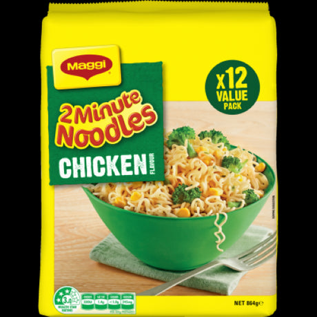 Multipack of Maggi 2-Minute Chicken Noodles, 12 x 72g, perfect for quick, delicious meals or snacks.