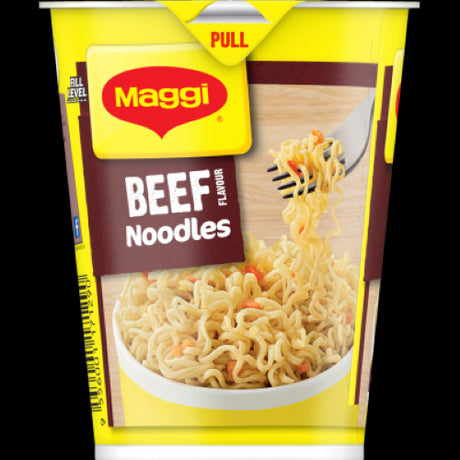 Maggi 2-Minute Beef Noodles Cup showcasing rich beef flavor and tender noodles for a quick, satisfying meal on-the-go.