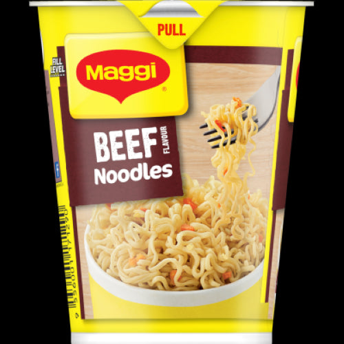 Maggi 2-Minute Beef Noodles Cup showcasing rich beef flavor and tender noodles for a quick, satisfying meal on-the-go.