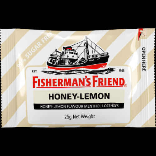 Fisherman's Friend Honey-Lemon menthol lozenges, 99% sugar free, 25g, perfect for soothing throat relief on-the-go.